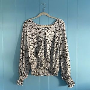 Dalmatian Print Bishop Sleeve V-Neck Shirred Blouse